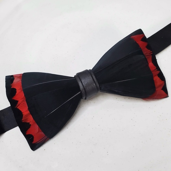 NEW Black Red Modern Groom Natural Multi layer Feather Evening Bow Tie - Picture 6 of 6